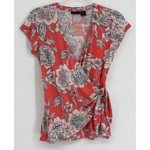 Tahari Womens Coral Red Floral Faux Wrap Top Short Sleeve V-Neck Blouse Sz S